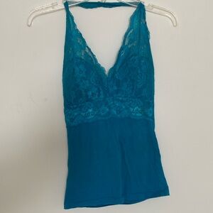 Teal Halter Top + Floral Lace Neckline